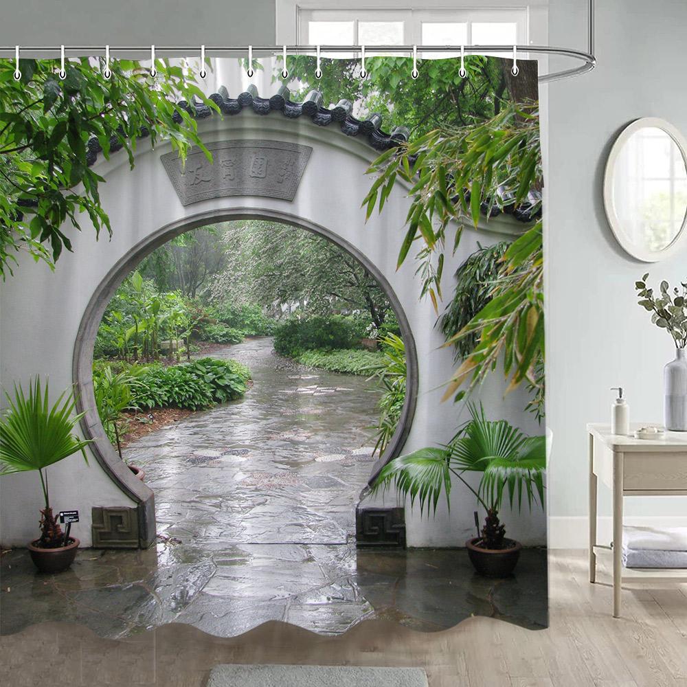 

Chinese Style Garden Shower Curtains Green Bamboo Plants Arches Moon Door After Rain Landscape Polyester Bathroom Curtain Decor W60H190(CM)-1 Pcs