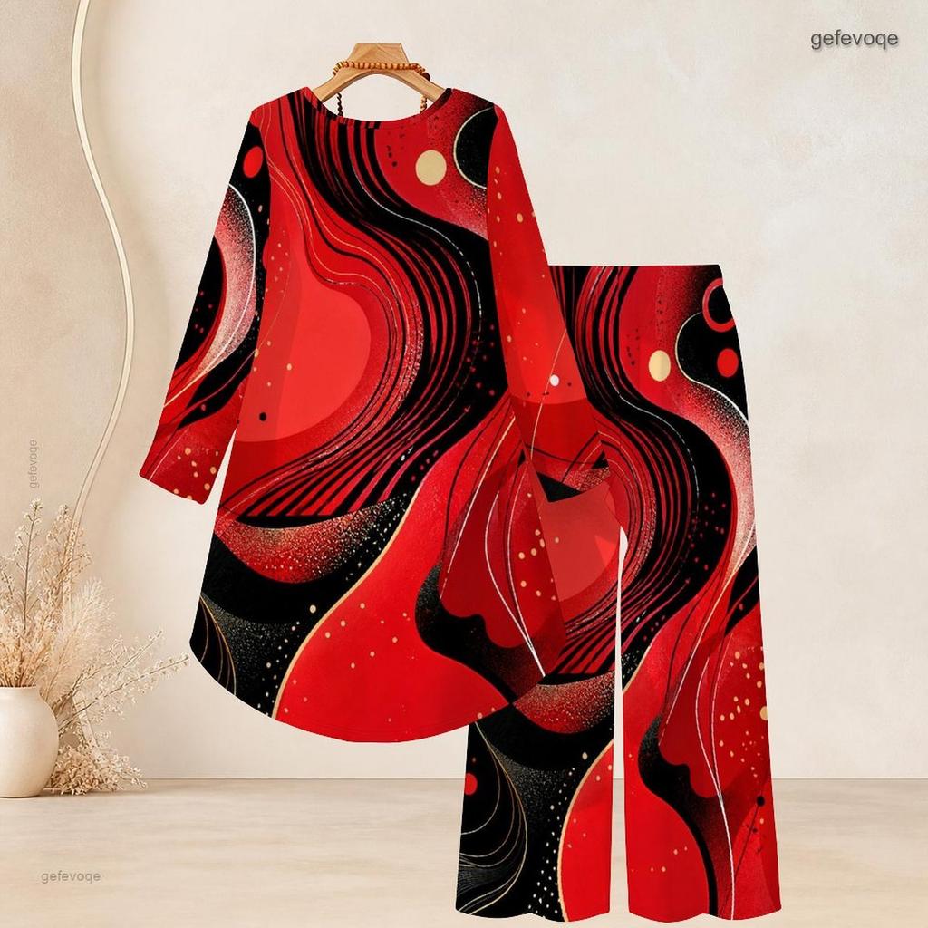 Women Plus Size Round Neck Long Sleeve Printed High Low Top Wide Leg Pants Two Piece Set Red Black