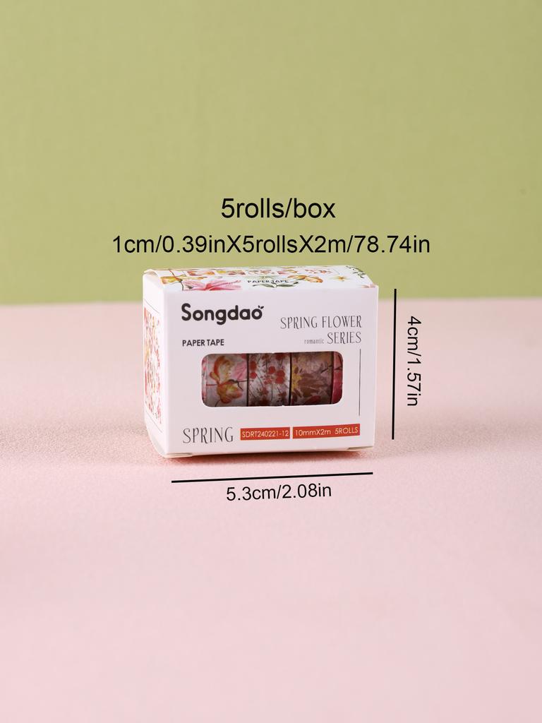 5rolls/Box Spring Flower Washi Tape ,Artistic Accent For Scrapbooking, Back To School, Diy Crafts, School Supplies, Masking Tape