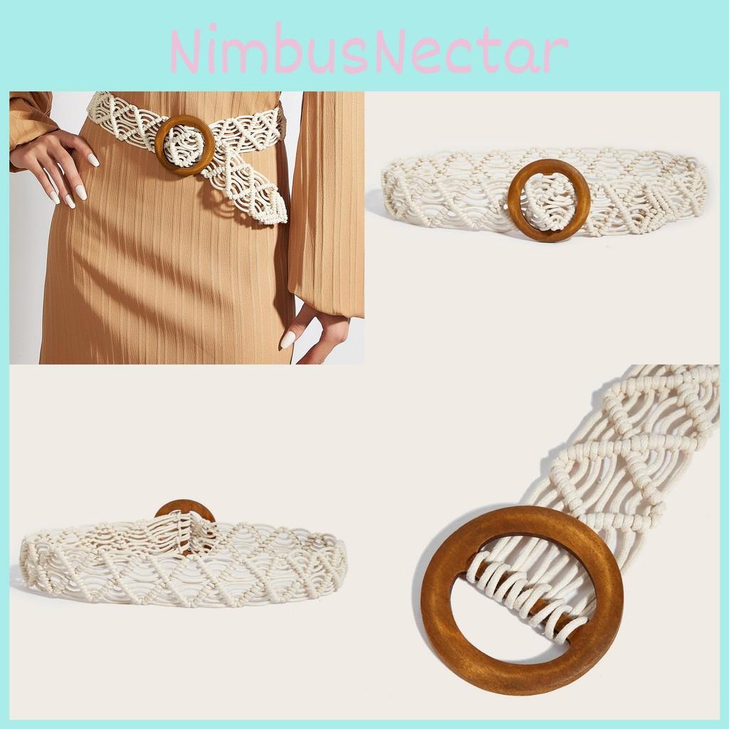 Linen Cotton Retro Belt Women Handmade Woven Waistband Round Wooden Buckle Dress