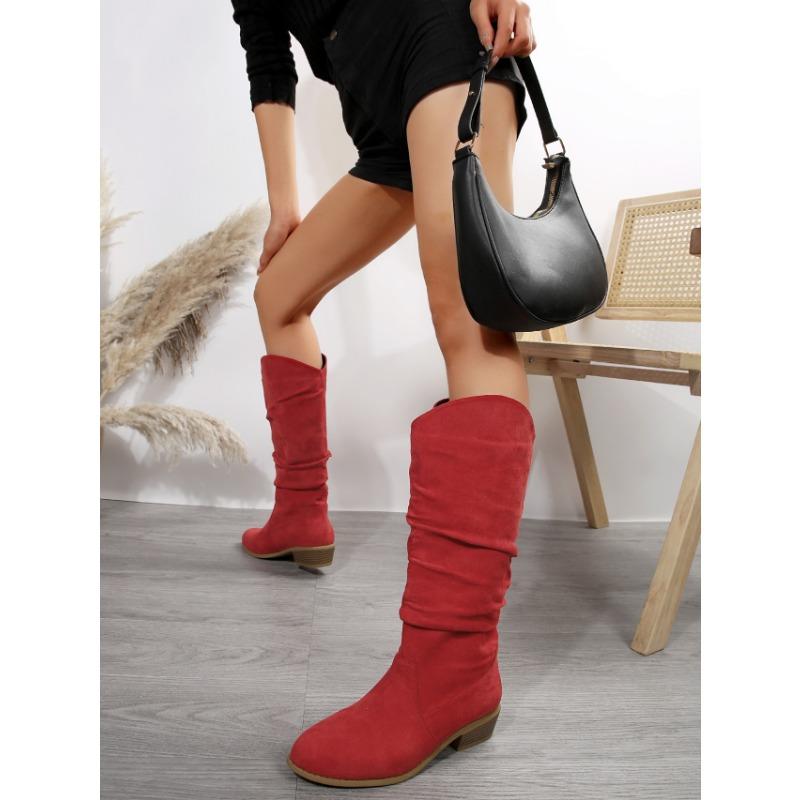 Damen Herbst/Winter Neu Übergröße Runde Zehenpartie Unifarben Ärmel Langstiefel Plissiertes Wildleder Martin-Stiefel