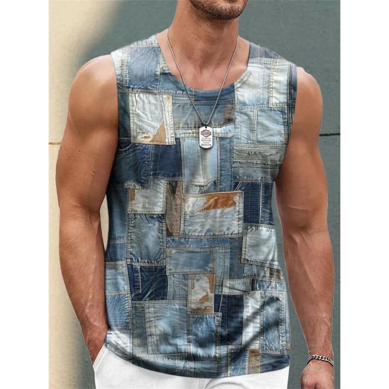 

Мужские майки в стиле ретро, с графикой в стиле пэчворк из денима, летняя мода, без рукавов, с 3D-принтом, повседневные футболки 5XL