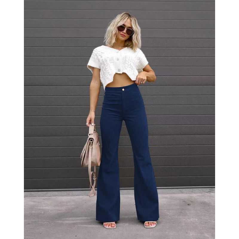 

Fashion Pure Color Casual High Waist Slim-Fit Micro Flared Pants High Waisted Micro Flared Pants Navy blue S