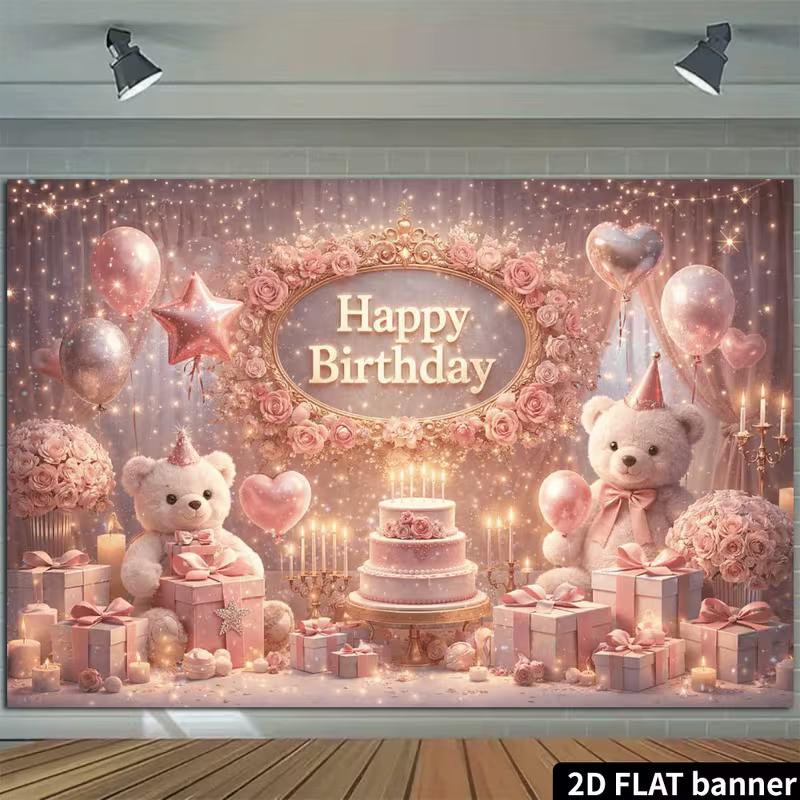 2D Elegant Pink Gold Teddy Bear Happy Birthday Photography Background Banner