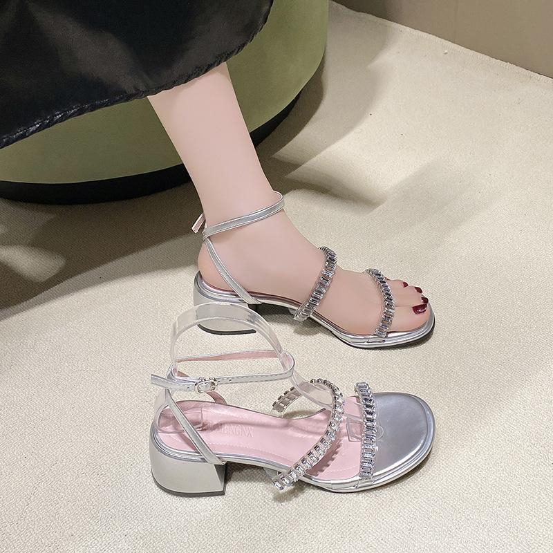 2025 Summer New Temperament Thick Heel Sweet Word with Rhinestones Fairy Wind Is Not Tired Feet High Heel Sandals Woman