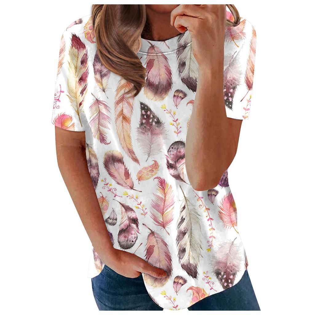 Women's Summer Feather Print Short Sleeve Round Neck Pullover T-shirt Top