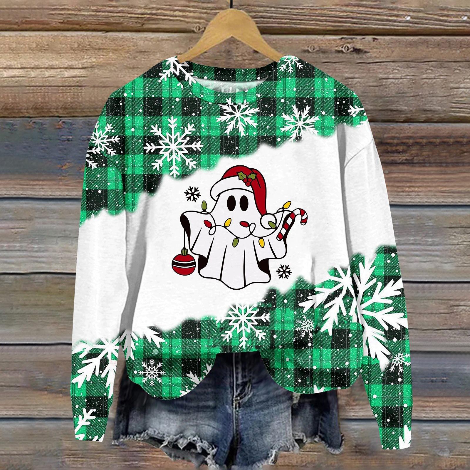 Женская мода рождественский принт длинный рукав свободный круглый вырез толстовка — фото 11