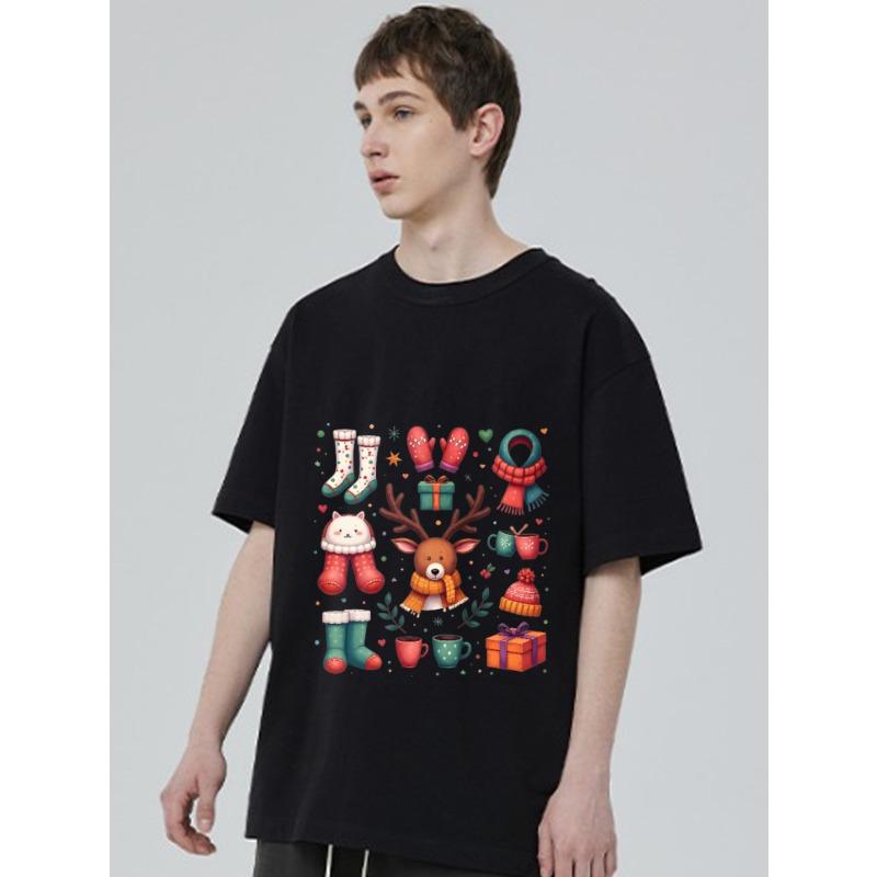 Christmas Theme T Shirt Black Reindeer Socks Mittens Scarf Gift Boxes and Mugs Print for Holiday Season Winter Festive Outfit