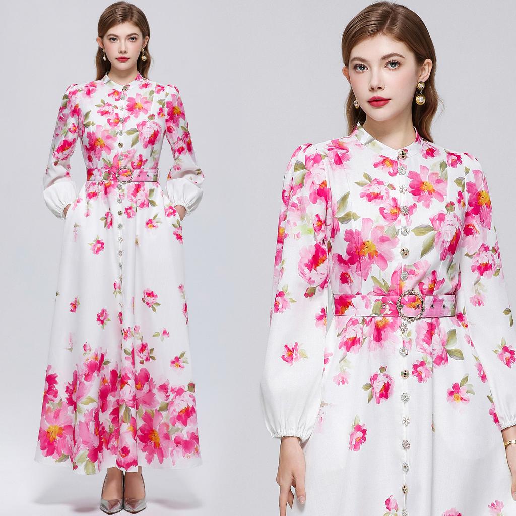Elegant Gorgeous Flower Women Long Dress with Belt Stand Collar Lantern Sleeve Diamond Buttons 2026 Spring Summer Holiday Robes