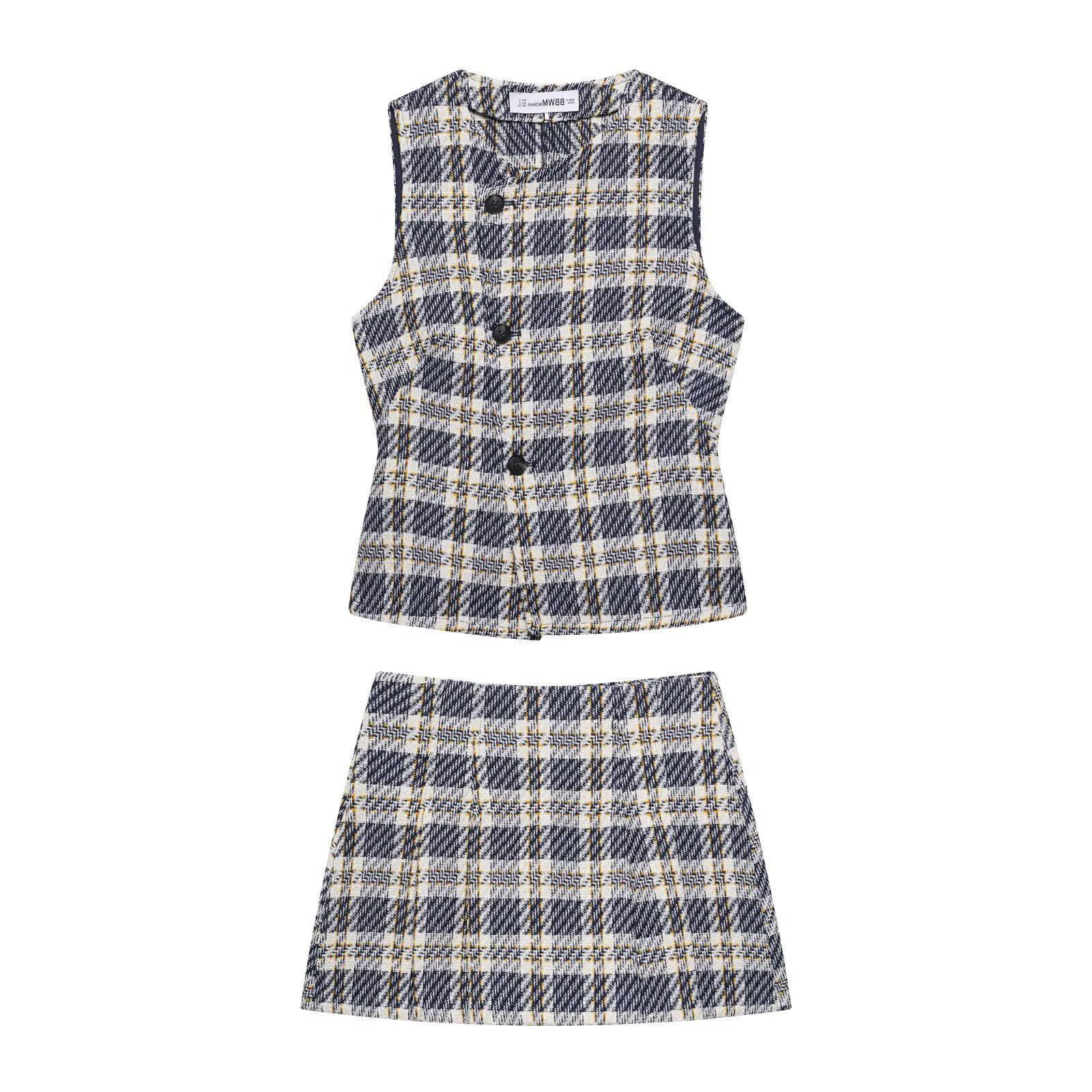 

TAOP&ZA Women s Summer Fashion Plaid Vest & A-line Skirt Pants Set L