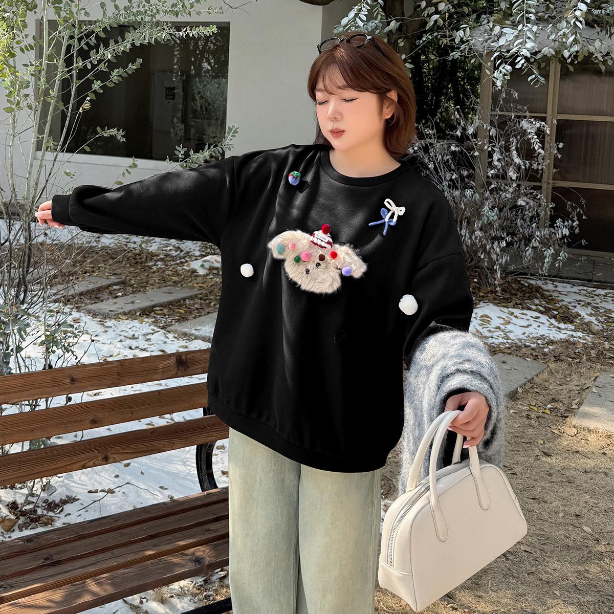 

Plus Size Women s Hoodie with Plush Doll Hood - Loose Casual Top for 300 Jin 3XL (170-190 Jin) чёрный
