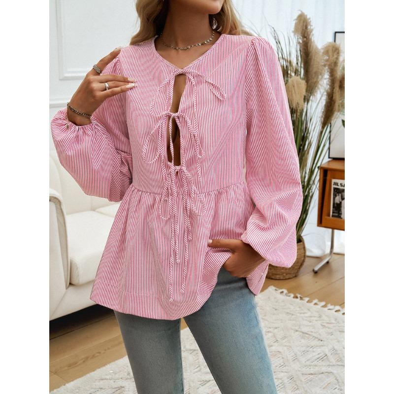 Damen Herbst und Winter Tops Lässig Locker Gestreiftes Hemd Mit Laternenärmeln