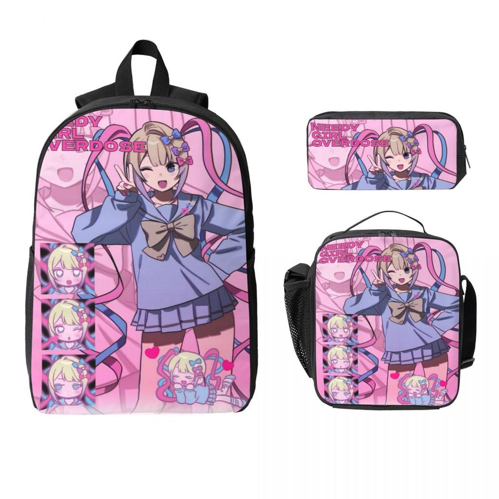 3Pcs Needy Girl Streamer Overload Backpack Set for Girls Boys Pen Bags Bookbag Sets with Lunch Box For School Students Knapsack