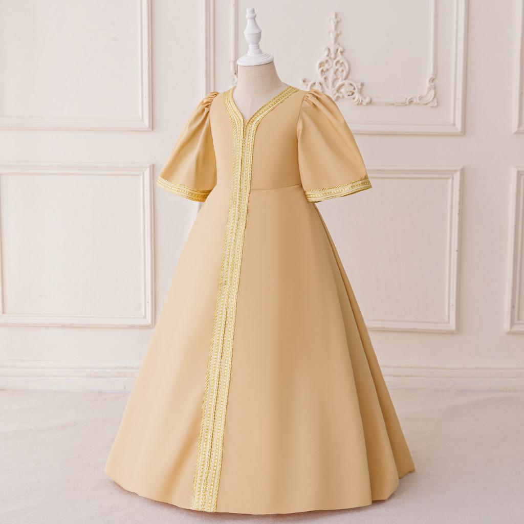 Abaya Arabic Robe Girls Dress Golden Lace Simple Fashion Children's Dress