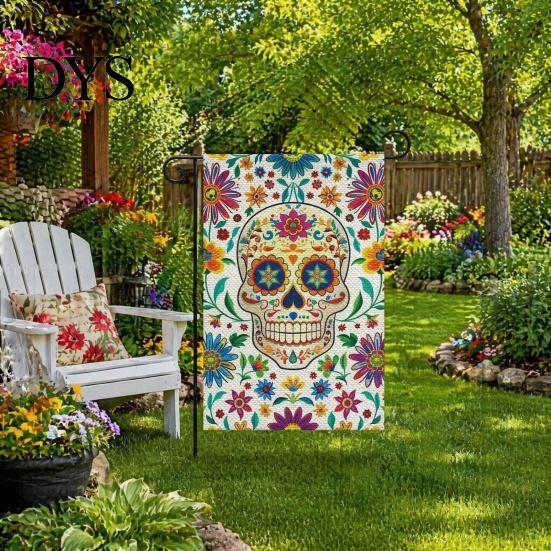 Durable Fabric Garden Flags Day of The Dead Flag, 12x18 Inch Floral Skull Decorative Yard Holiday Party Outdoor Banners Mexican Gothic Skeleton
