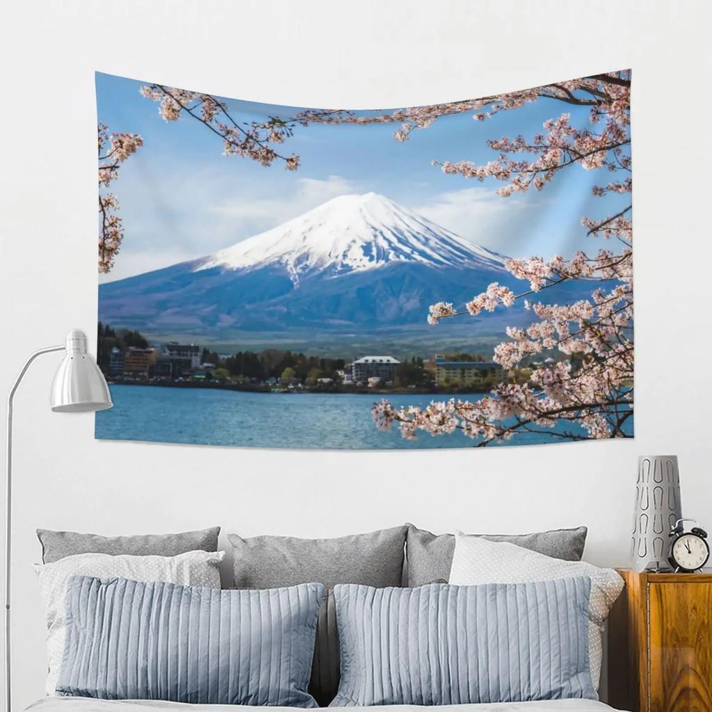 Japanese Pink Sakura Tapestry Cherry Blossoms Mountain Fuji Japan Wall Hangings Tapestry for Bedroom Living Room Dorm Home Decor