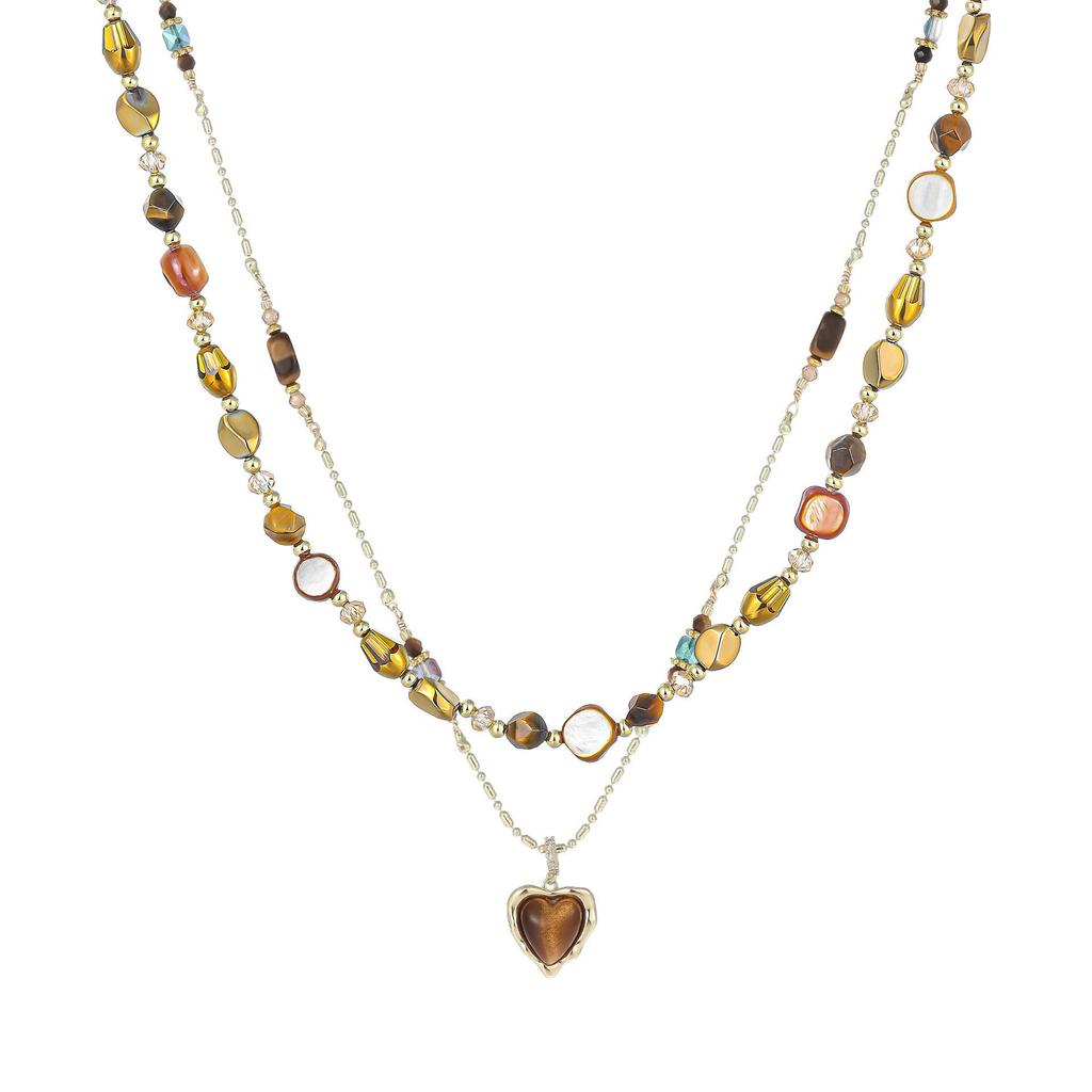 Maillard Heart Tiger Eye Pendant Necklace for Women - Titanium Steel Beaded Sweater Chain, Layered Clavicle Chain, Autumn/Winter Accessory.
