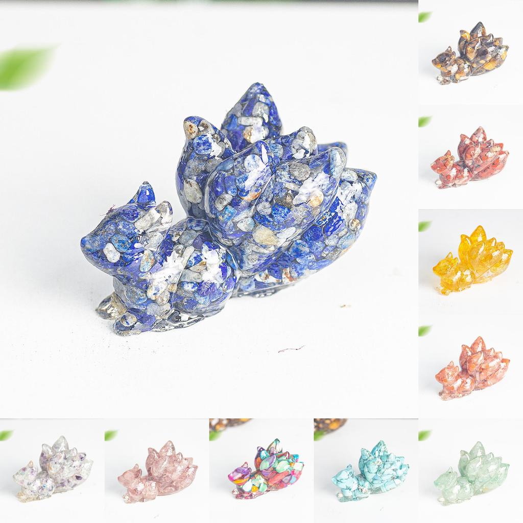 Ninetails Fox Crystal Resin Sculpture With Natural Gemstones For House Office Tabletop Ornament