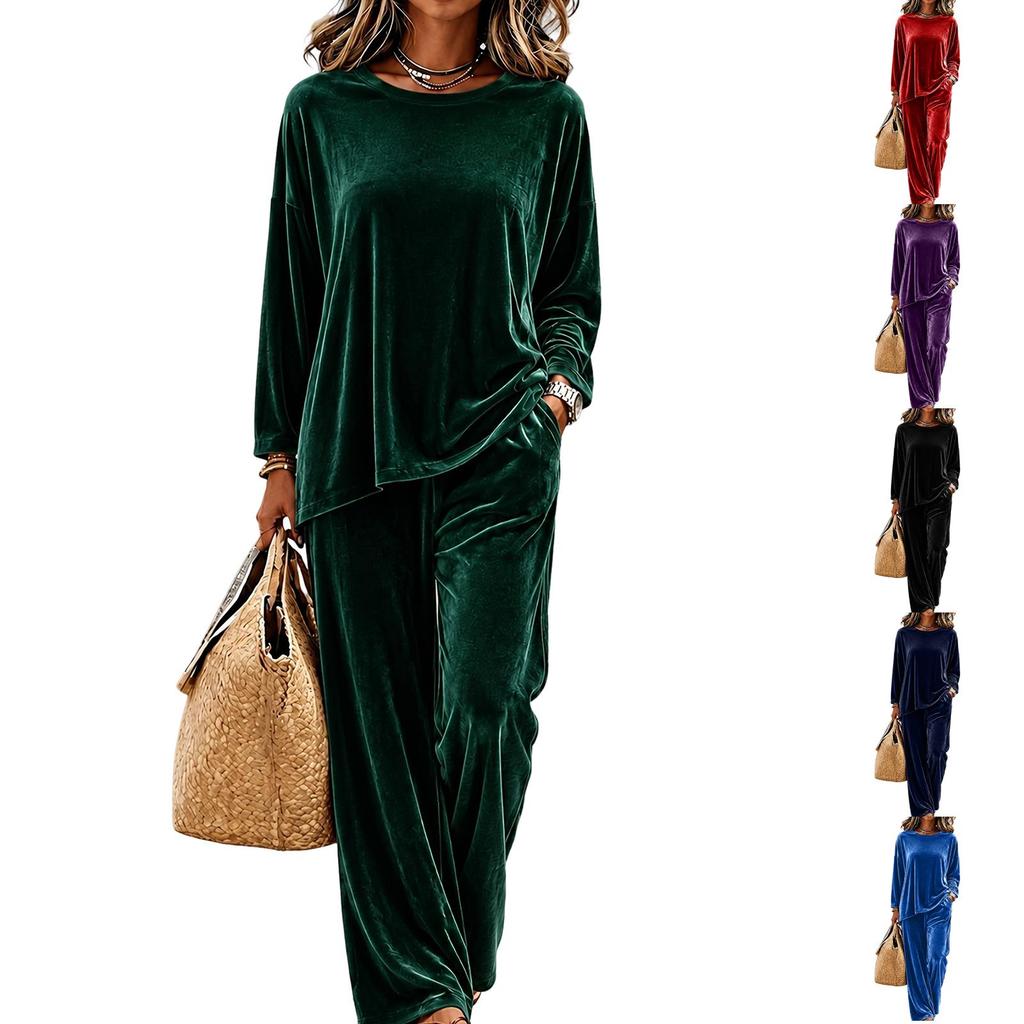 Women's Velvet Loungewear Set with Round Neck Pullover Top and Matching Pants - Casual Long Sleeve, Multi-Color Options