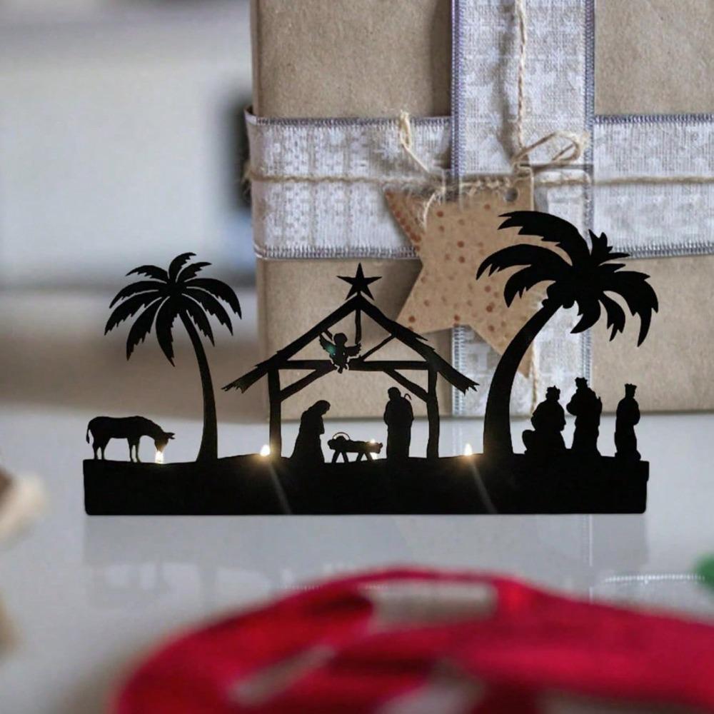 Metal Nativity Candle Holder, Christmas Advent Candlesticks, Rustic Jesus Scene Decoration for Home, Xmas Party Table Fireplace Mantel Decor