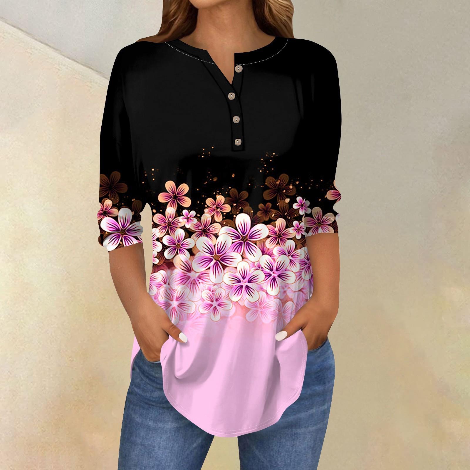 

Женские топы с рукавами 3/4, летние футболки с цветочным принтом и V-образным вырезом, повседневные базовые футболки с пуговицами, туники L розовый