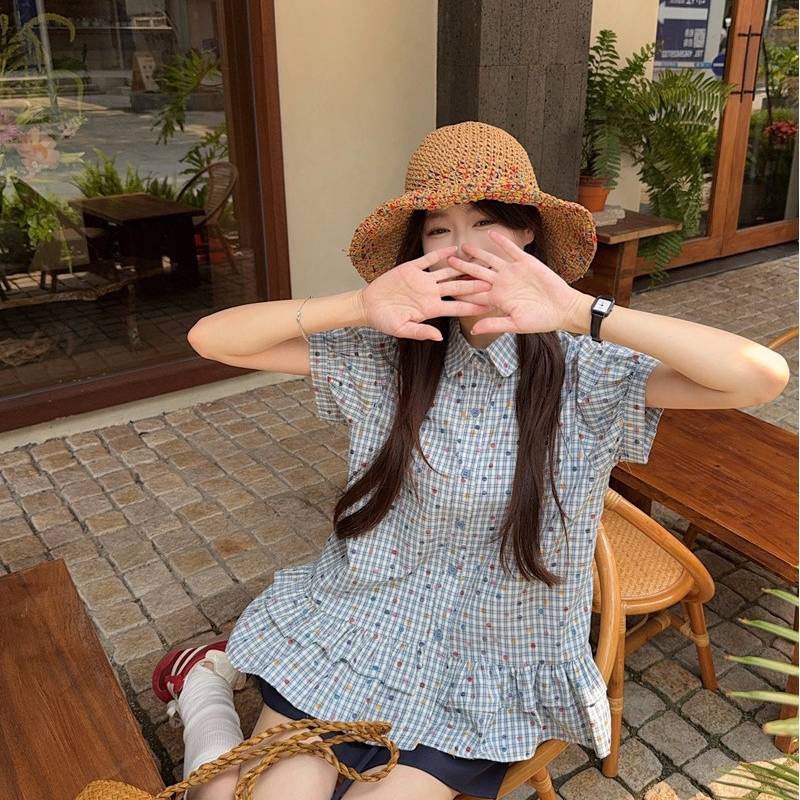 College Style Plaid Shirt For Women With Relaxed Fit And Short Sleeves For Summer Casual Wear