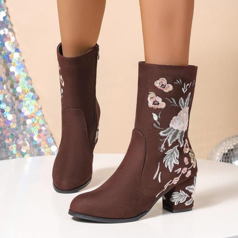 Women Boot Socks Wide Calf Retro Ethnic Embroidered Women's Single Boots Thick Heels High Heels Side Womens Boots Half Calf