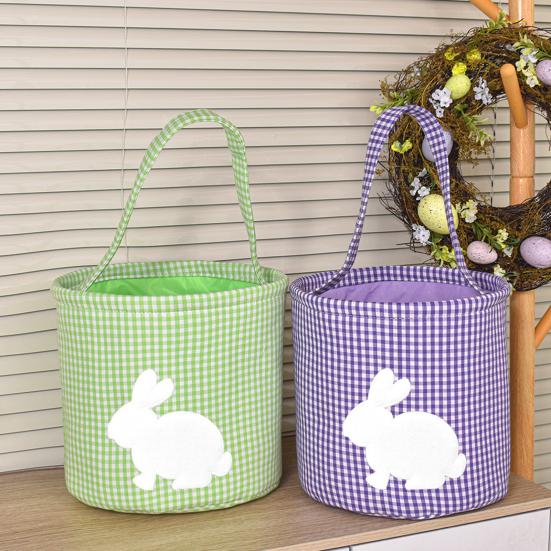 Easter Bunny Basket Plaid Gingham Easter Bucket with Handle Cute Egg Hunting Tote Bag for Candy Gifts Storage Party Supplies