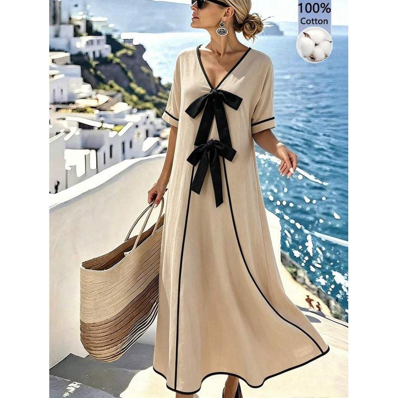 European summer elegant vacation casual bow strap V-neck short sleeve long dress women S хаки