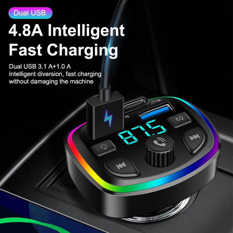 Dual Usb Type-C Car Charger Fm Transmitter Wireless Mp3 Music Tf Card U Disk Aux Player Usb-C Pd Fast Charging Hands Free