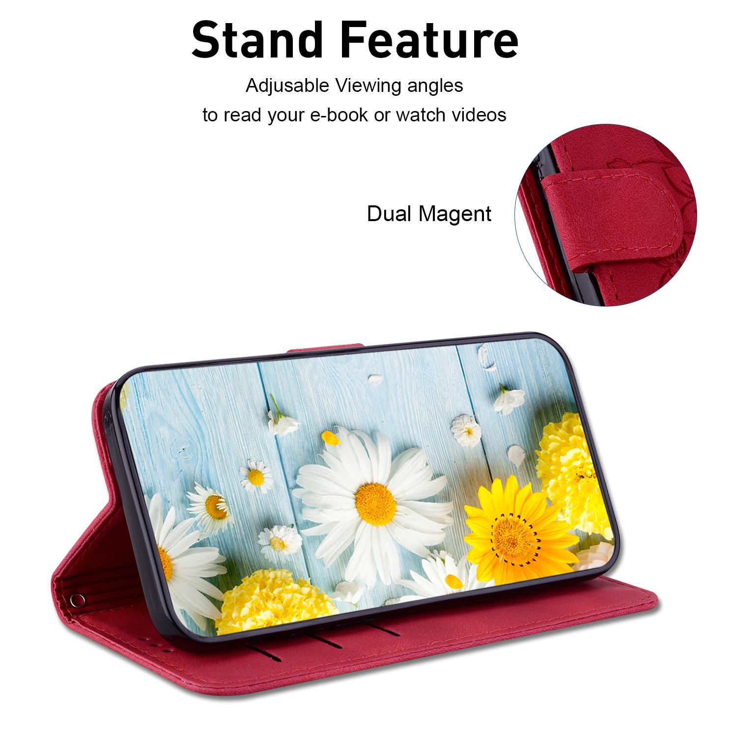 

For Google Pixel 9a Case Lily Flower Imprint Leather Phone Cover with Stand Red