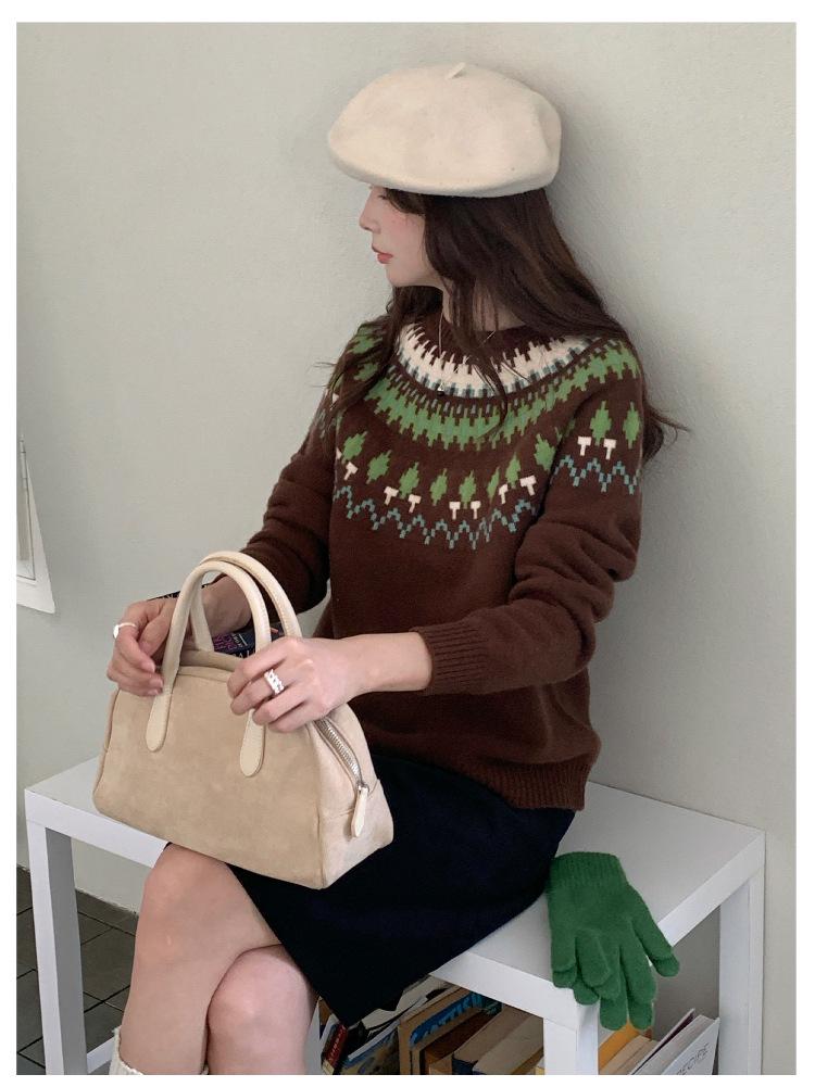 100% Wool Women's Fair Isle Jacquard Sweater - Solid Color, Round Neck, ThickenedVersatile Base Layer