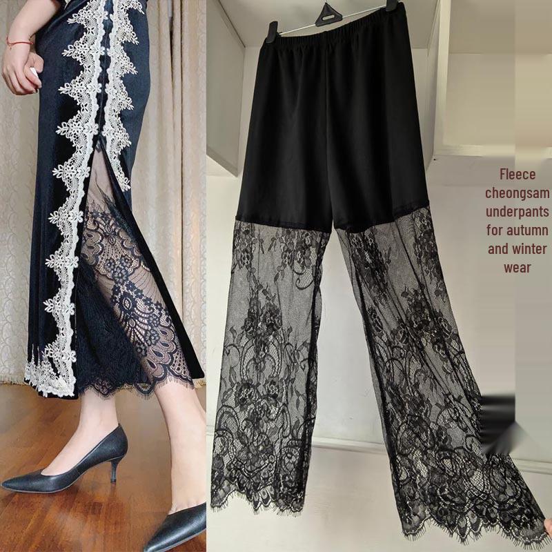 Women's Winter Velvet Lace Qipao Hanfu Pants: Breathable, Anti-Exposure Base Layer Pajamas