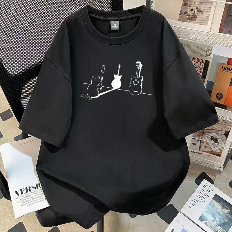 T-shirt À Manches Courtes Imprimé Chat Guitare 100 % Coton Design Américain Pour Hommes Et Femmes Été Ample Et Polyvalent