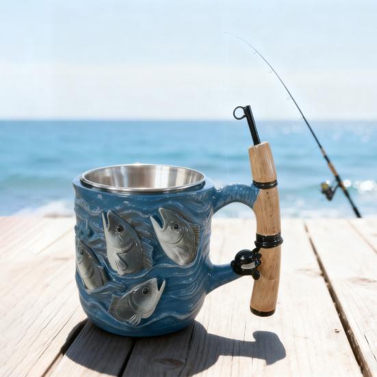 Yousheng Tasse mit Angelthema mit Rutenhenkel Kreatives Angelrutendesign Tee-Kaffeebecher Vielseitiges Trinkgeschirr Geschenk für Angler Väter