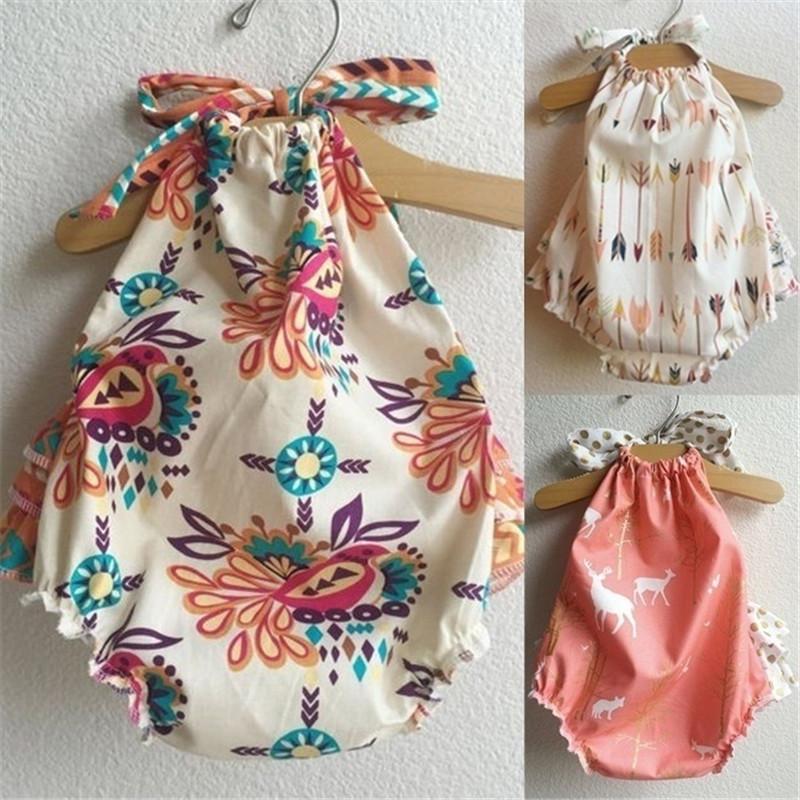 

Новорожденные Девочки Без рукавов Цветочный принт Одежда Комбинезон Бохо Комбинезон