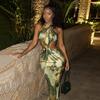 European and American Retro Temperament Women's Clothing Printed Sexy Slim Long Hip Skirt Hanging Collar Color Matching Elastic Dress
