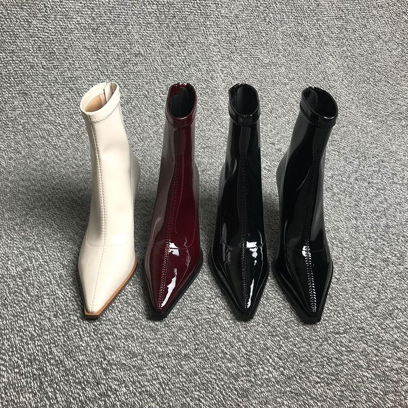 Spitze kurze Stiefel für Herbst Winter hohe Absätze elastisches Lackleder Mode vielseitig dünner Absatz Stiefeletten dünne Stiefel