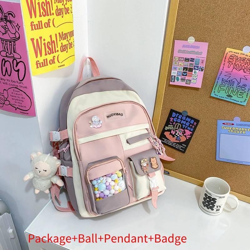 

Fashion Color Blocked Student Backpack With Colorful Ball Pendant Badge Decor For School And Leisure