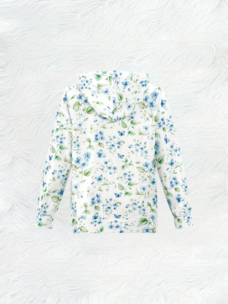 Fresh Botanical Floral Butterfly Print Zip Hoodie for Women – Lightweight Drawstring Hooded Jacket