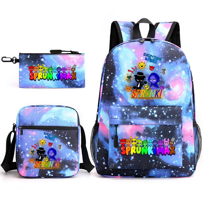 New Rhythm Box Student School Bag Three-piece Set, Casual Sprunki Backpack Crossbody Bag Pencil Bag