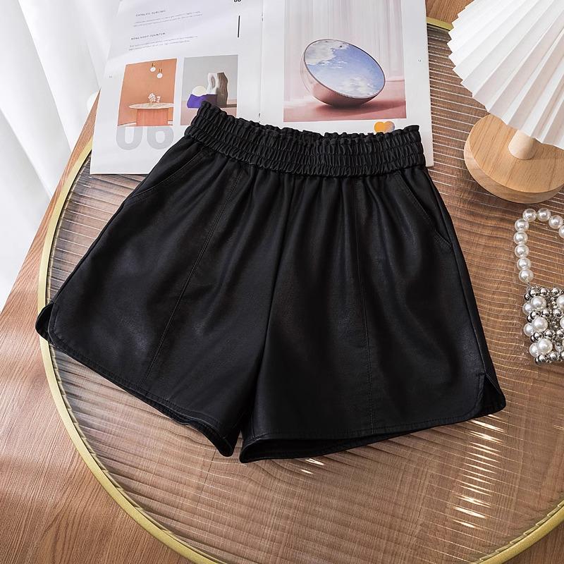

Весна 2025 Женские брюки буткат из черной кожи с высокой талией больших размеров и шорты на резинке 3XL чёрный