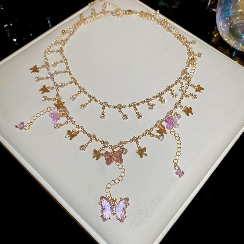 Diamond Resin Flower Crystal Butterfly Pendant Double Necklace Court Style Clavicle Chain Light Luxury Premium Neck Chain Women