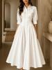 Women Lapel Collar Button Down Midi Dress Puff Sleeve Casual Loose Fit Vintage Elegant Long Dress