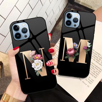 Blume Buchstaben Telefon Fall Für Iphone 14pro Max 13 11 12 Mini Xs Xr X 7 8 6s Plus se 2022 Luxus Gehärtetes Glas Abdeckung Coque Capa