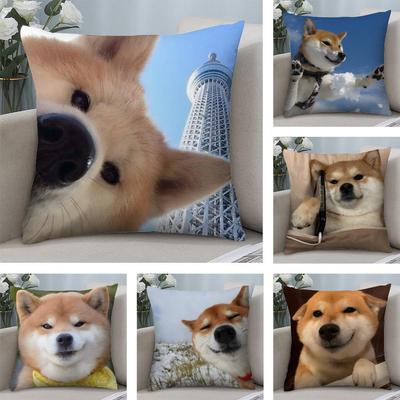 Cute Shiba Inu Cushion Cover Soft Plush Fabric DoubleSided Printed Sofa Cushion Cover for All Seasons Home Decor Gift