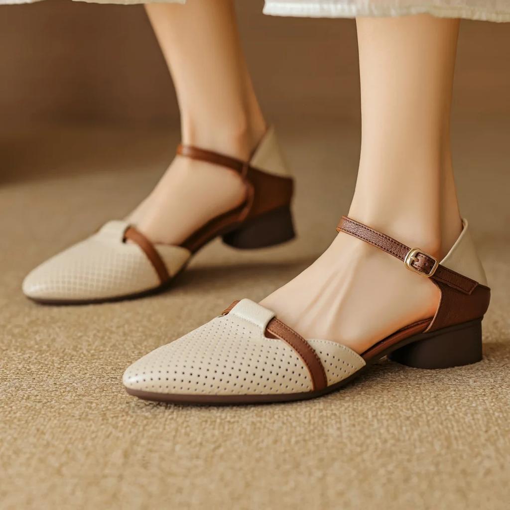 Fashion 2025 women's sheepskin mix color patchwork hollow-out ankle strap flats sandals pointed toe casual  summer shoe