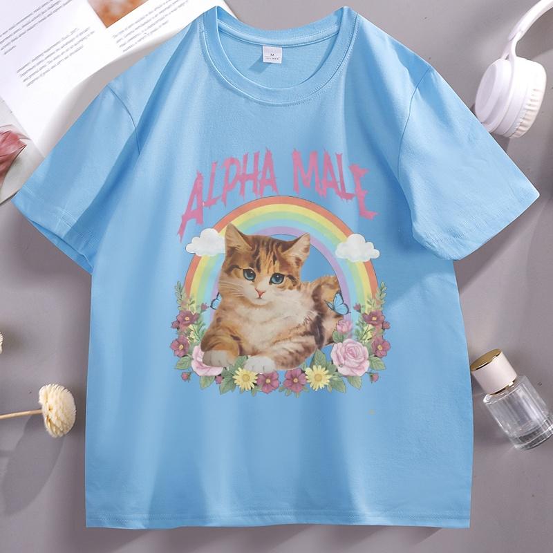 Alpha-Männchen Lustiges Kätzchen T-Shirt Regenbogen Unisex Damen Baumwolle Kurzarm T-Shirt Kleidung Lässig Atmungsaktiv Rundhals Herrenkleidung