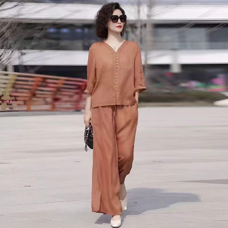 Women's Summer Slimming Two-Piece Set: Short Sleeve Top & Wide Leg Pants, Korean Style for Middle-Aged Moms (2025 Collection)