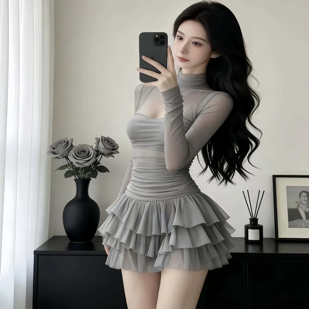 Night Main Store Dress Light Luxury Mesh Splicing Long Sleeve High Sense Cake Dress Skinny Small Sexy Skirt